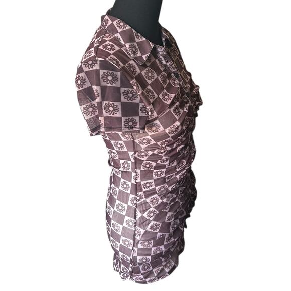 Urban Outfitters Women’s Brown Retro Mesh Mini Dress Floral Checkered Size Small - Picture 3 of 5
